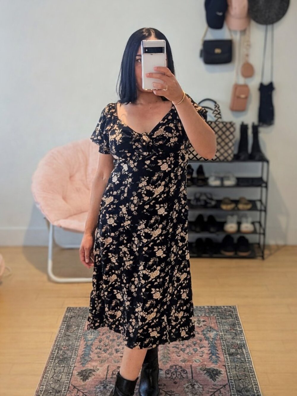 Mini Chica Black Floral Midi Dress Size M.